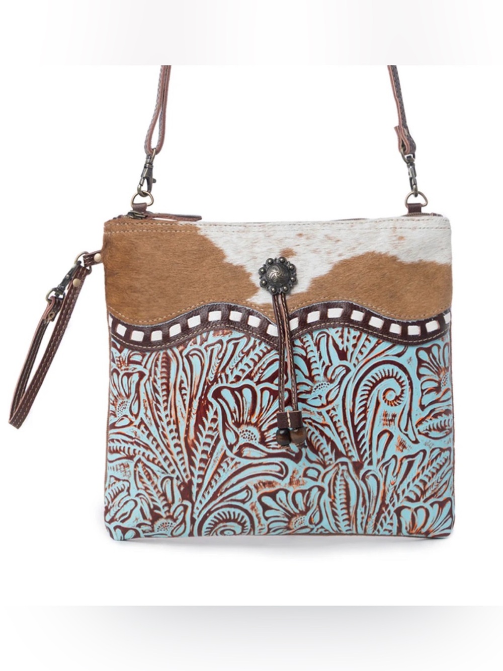 Western Tooled Leather Crossbody Bag in Turquoise and Brown